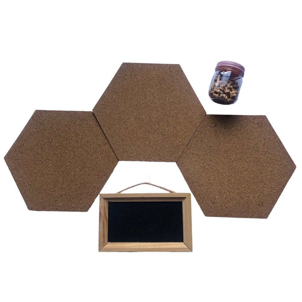 Three Hexagon Cork Boards, Hanging Chalkboard Sign and Jar of Push Pins